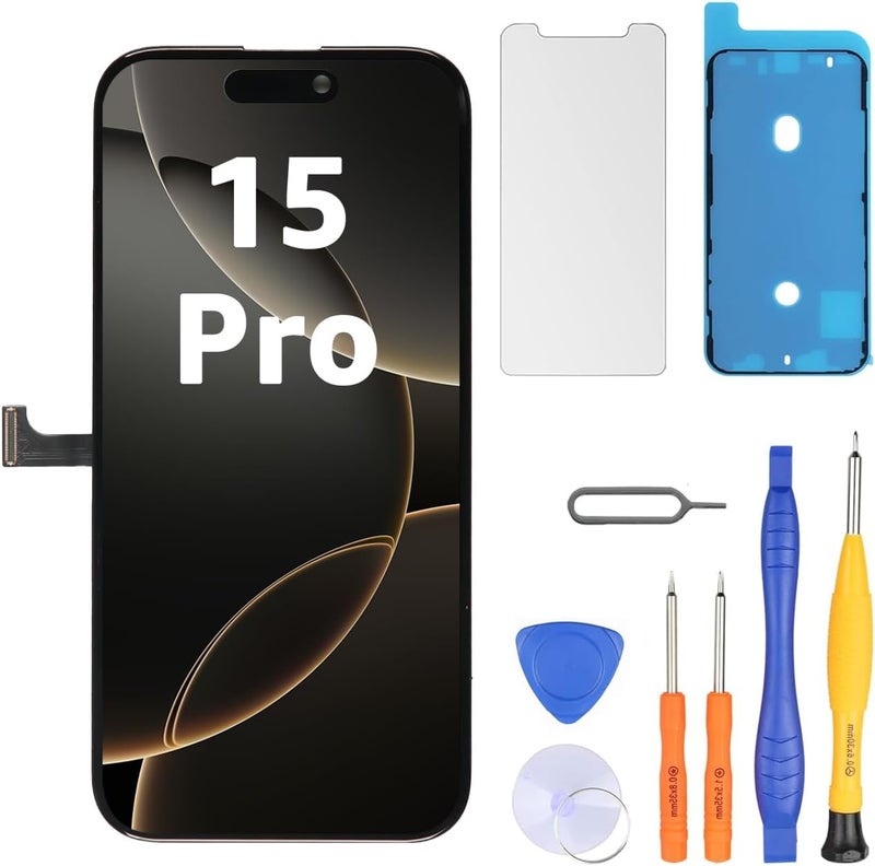 LL TRADER Screen Replacement for iPhone 15 Pro 6.1" LCD Retina FHD Display COF Touch Screen Digitizer with Repair Tool Kits, Waterproof Tape, Screen Protector (Truetone programable) - Image 1